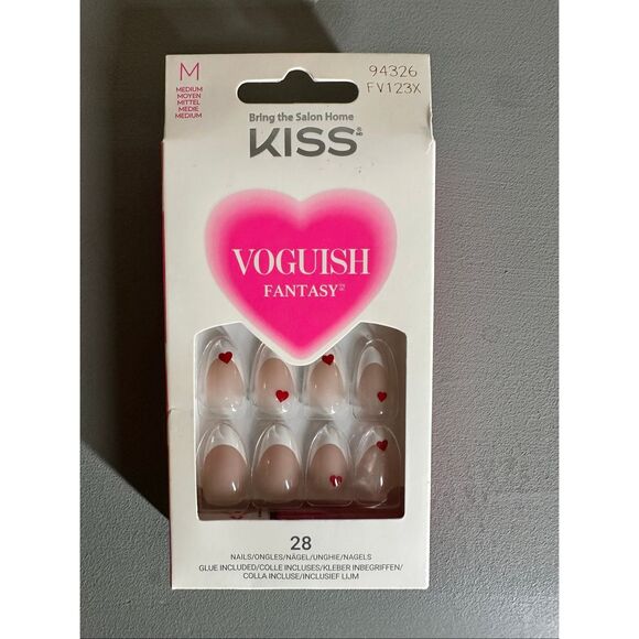 Kiss French Tip With Red Hearts Medium Length Press on Nails New - Picture 1 of 2